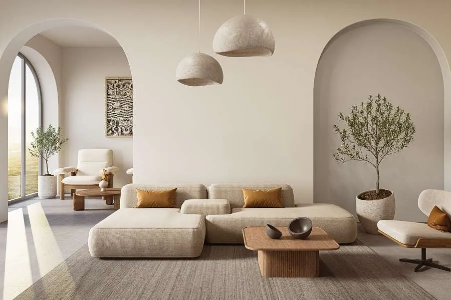 Ein hell eingerichtetes Wohnzimmer im Japandi Einrichtungsstil.