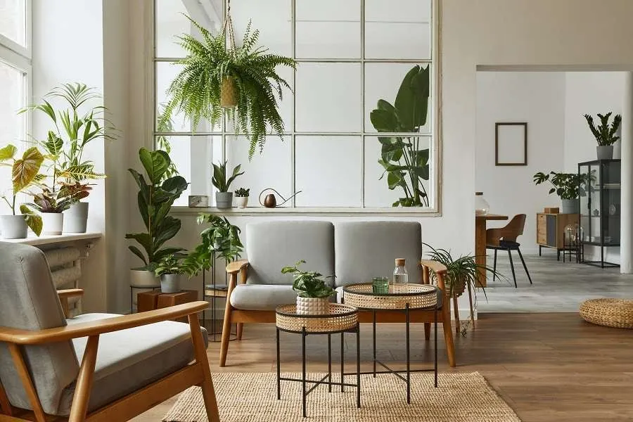 Modernes skandinavisches Wohnzimmer mit Pflanzen