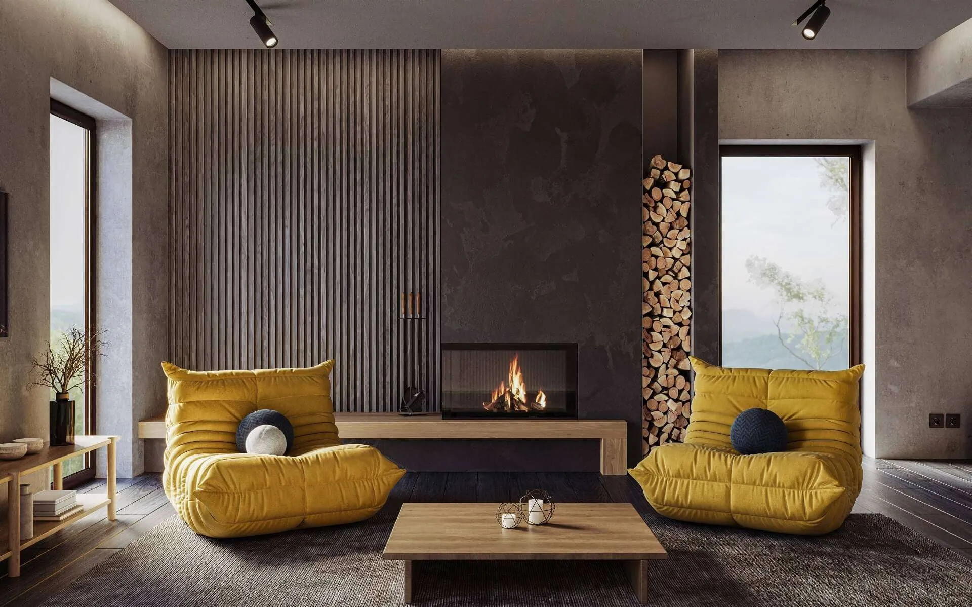 Ein stylisches Wohnzimmer mit dunklen Wänden und Möbeln aus Holz als Sinnbild dafür, wie eine Wandgestaltung den Raum verändern kann.