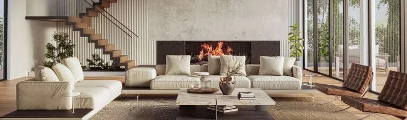 Perfekt für den Winter: Ein stylish eingerichtetes Wohnzimmer mit einem lodernden Kamin