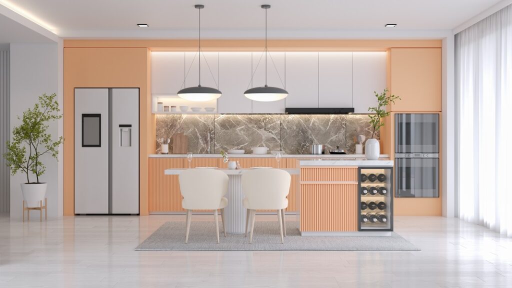 Eine Küche in angesagter Peach Pastellfarbe