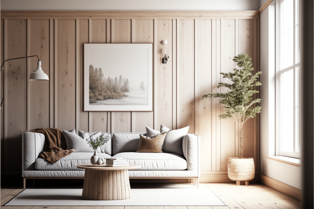 Ein beiges Wohnzimmer mit einer Wand in Holzoptik