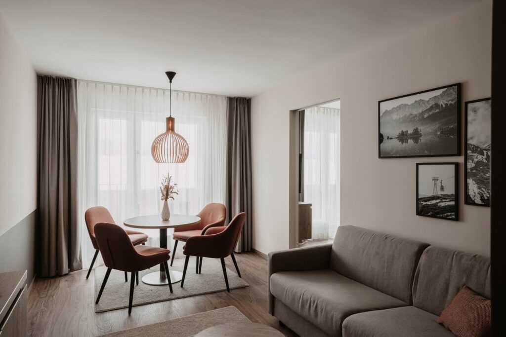 Ein Hotelzimmer mit einem beigefarbenen Sofa und einer Sitzgruppe vor einem Fenster
