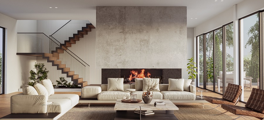 Perfekt für den Winter: Ein stylish eingerichtetes Wohnzimmer mit einem lodernden Kamin