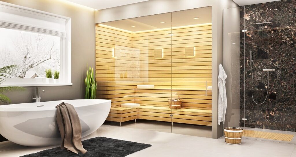 Eine eigene finnische Sauna ist in einem luxuriösen Bad im Eigenheim integriert