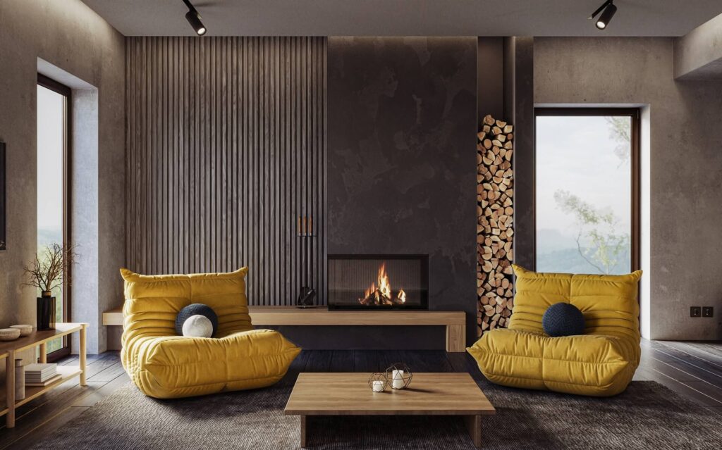 Ein stylisches Wohnzimmer mit dunklen Wänden und Möbeln aus Holz als Sinnbild dafür, wie die Wohnlöwin Malerarbeiten durchführt.