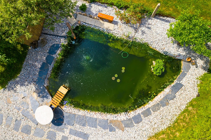Ein Schwimmteich in einem großzügigen Garten.